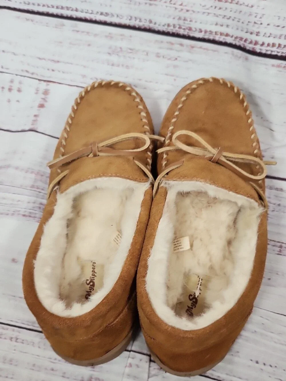 My Slippers Men's Suede Moccasin Slippers with Faux Fur Lining - Tan